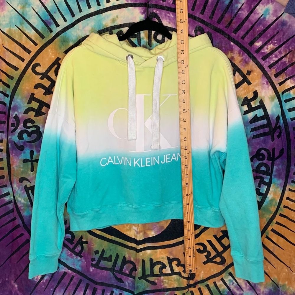 Calvin Klein Jeans Ombre Crop Hoodie 60% Cotton Size S Green/Teal/White - Picture 6 of 11